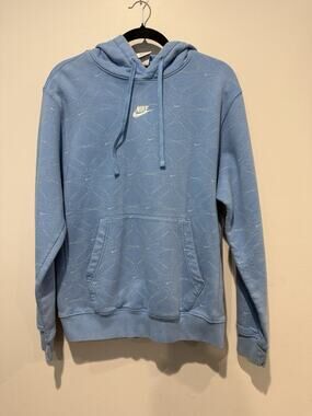 Men's Nike Light Blue Pullover Hoodie Pocket All Over Swoosh Print Logo Small